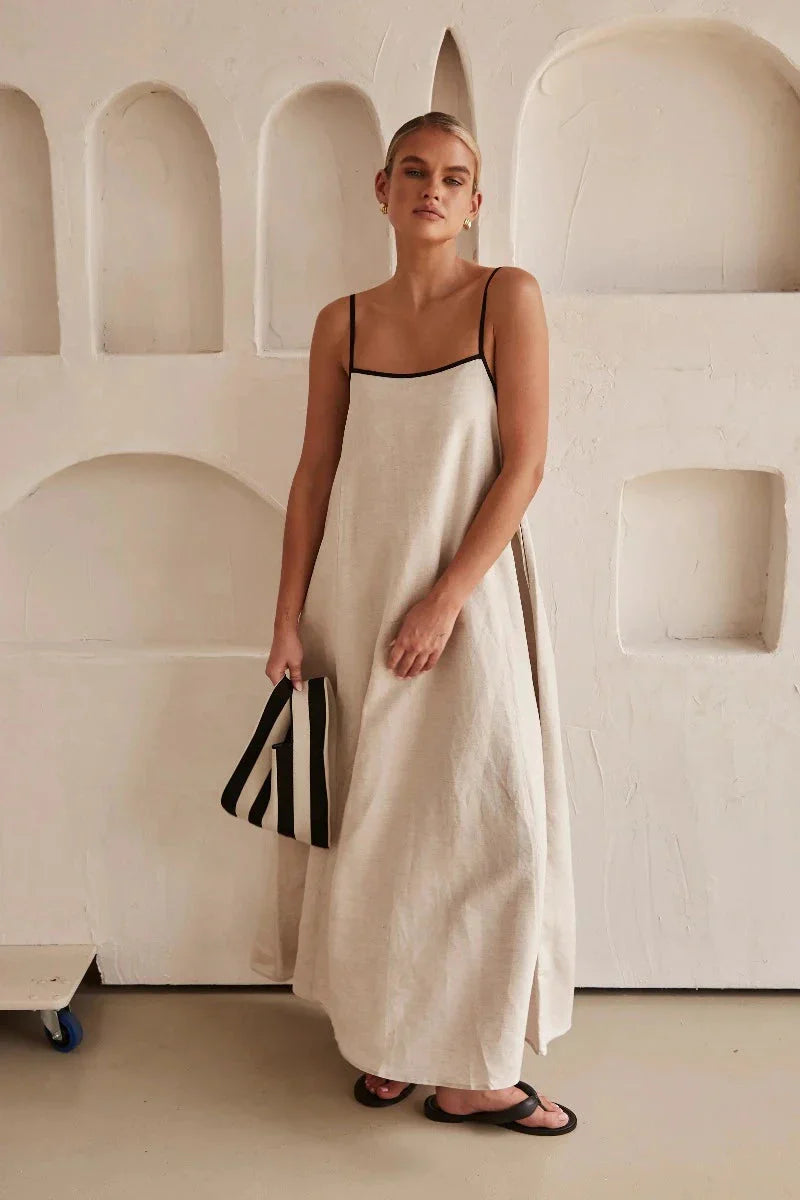 Bez rękawów beżowa maxi sukienka boho w stylu lnu – Elin-S-Trend Polska