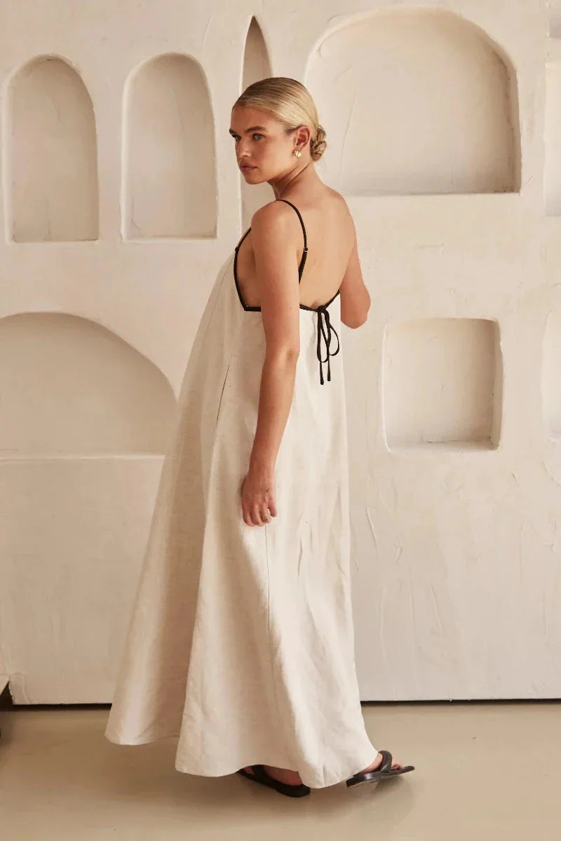Bez rękawów beżowa maxi sukienka boho w stylu lnu – Elin-S-Trend Polska