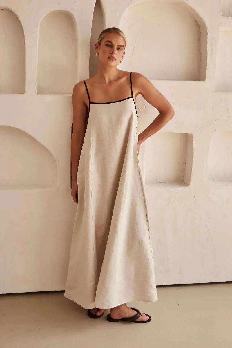 Bez rękawów beżowa maxi sukienka boho w stylu lnu – Elin-S-Trend Polska