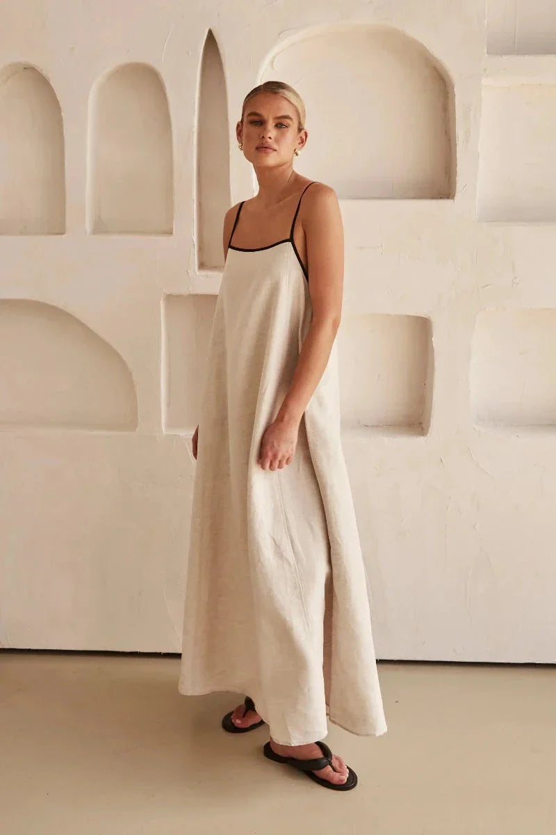 Bez rękawów beżowa maxi sukienka boho w stylu lnu – Elin-S-Trend Polska