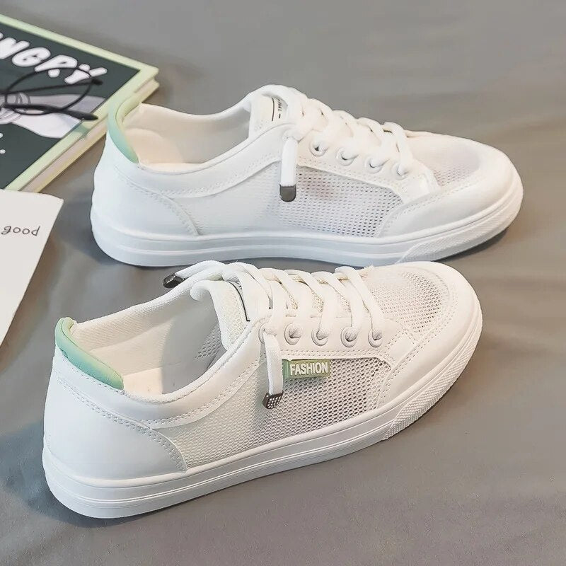 Białe damskie sneakersy z siatkowym wierzchem – Elena-Biały Zielony-35-Trend Polska