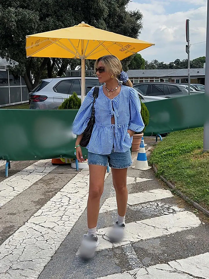 Bluzka damska w kratkę z bufkami – Maeve-Zielony-S-Trend Polska