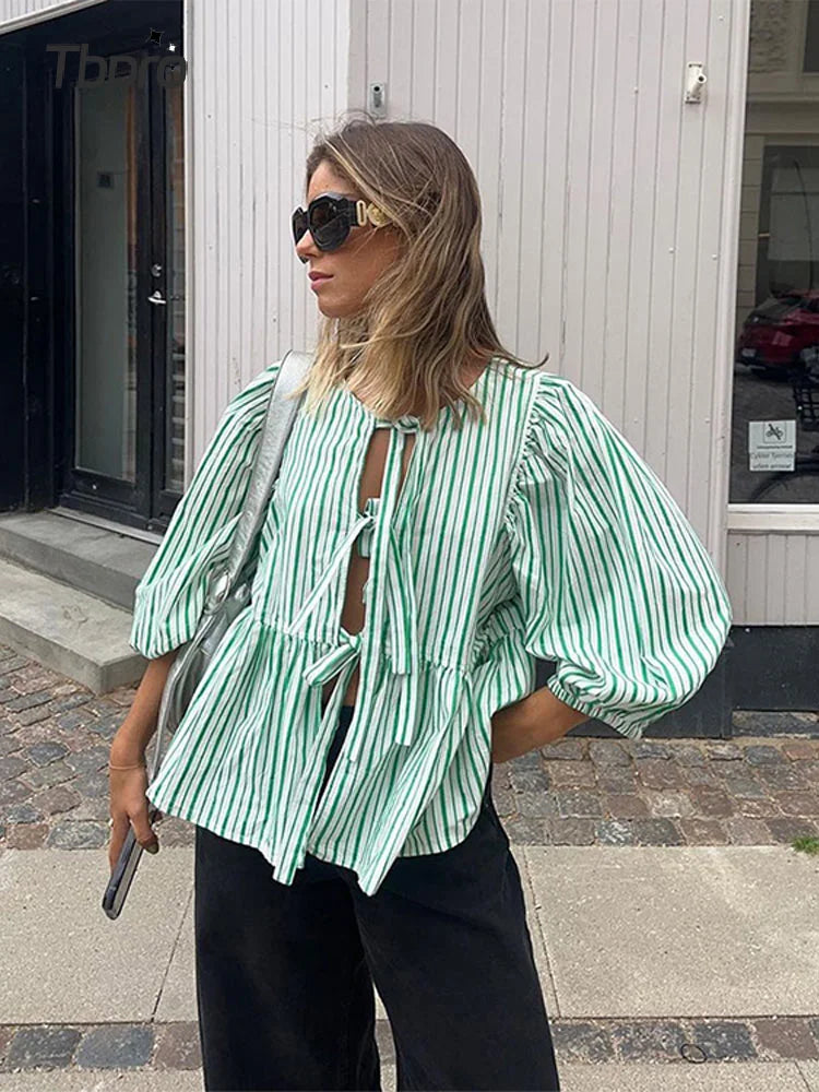Bluzka damska w kratkę z bufkami – Maeve-Zielony-S-Trend Polska