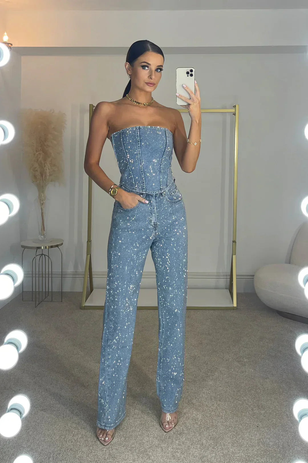Błyszczący damski zestaw spodni z wysokim stanem – Liora-Denim-S-Trend Polska