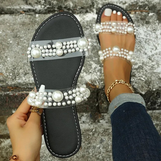 Bohemian Slip-On Damskie Sandały z Ozdobą z Pereł – Elvyna-Czarny-35-Trend Polska