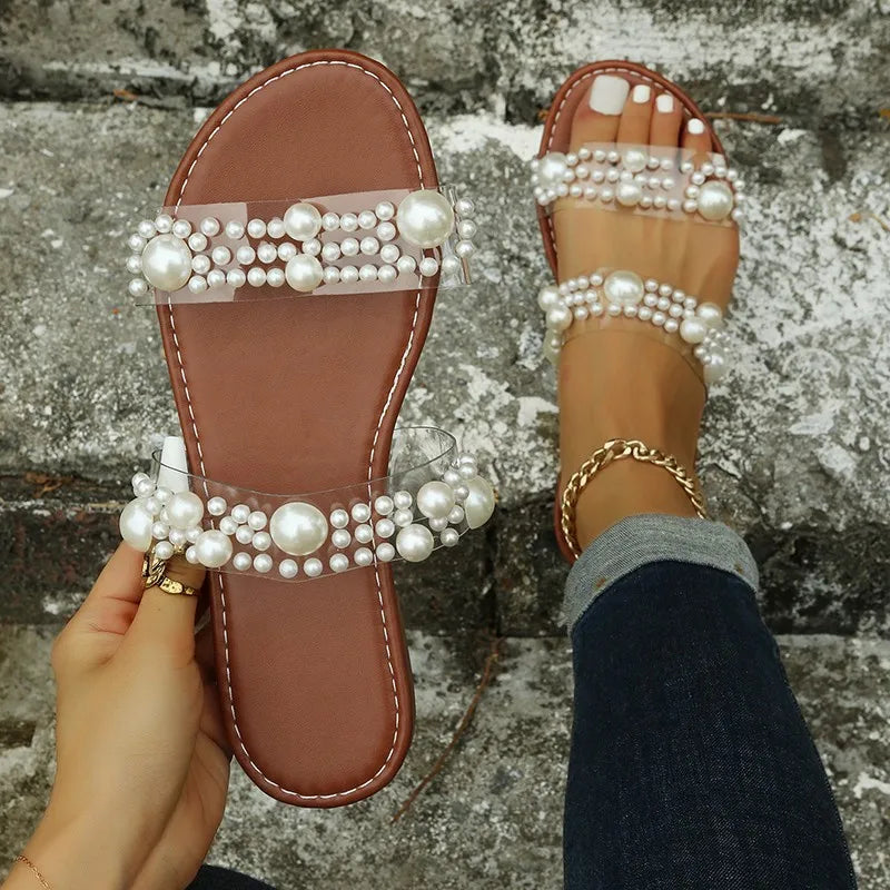 Bohemian Slip-On Damskie Sandały z Ozdobą z Pereł – Elvyna-Czarny-35-Trend Polska