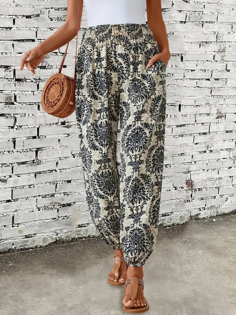 Boho-Chic Damskie Spodnie z Graficznym Printem - Solara-S-Beżowy-Trend Polska
