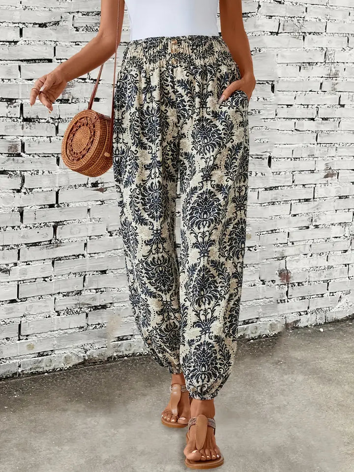 Boho-Chic Damskie Spodnie z Graficznym Printem - Solara-S-Beżowy-Trend Polska