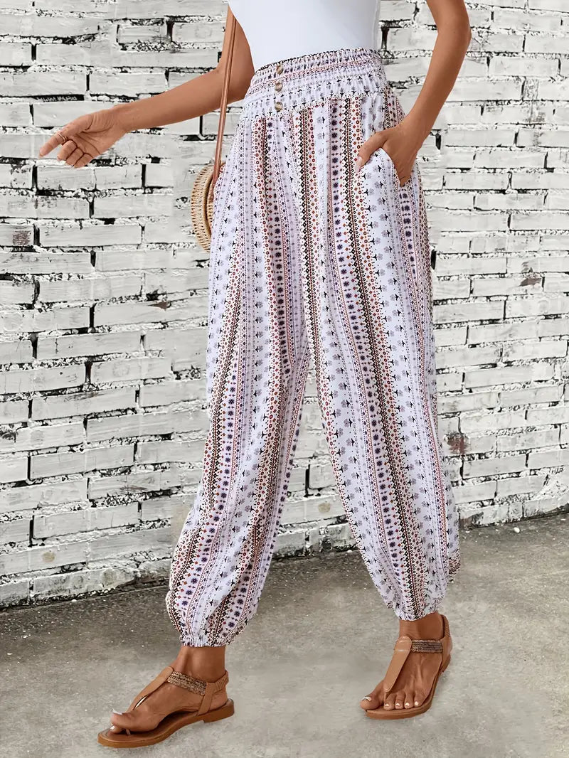 Boho-Chic Damskie Spodnie z Graficznym Printem - Solara-S-Biały-Trend Polska