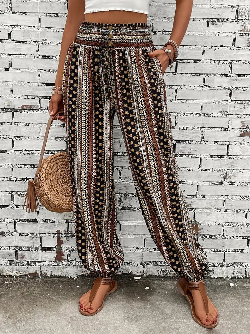 Boho-Chic Damskie Spodnie z Graficznym Printem - Solara-S-brązowy-Trend Polska