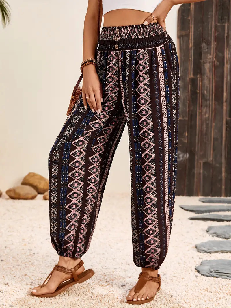 Boho-Chic Damskie Spodnie z Graficznym Printem - Solara-S-Czarny-Trend Polska