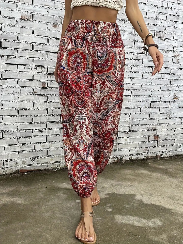Boho-Chic Damskie Spodnie z Graficznym Printem - Solara-S-Czerwony-Trend Polska