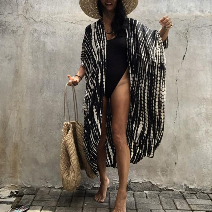 Boho Chiffon Bluzka Plażowa z Rękawami Kimono – Ziva-Czarny-Trend Polska