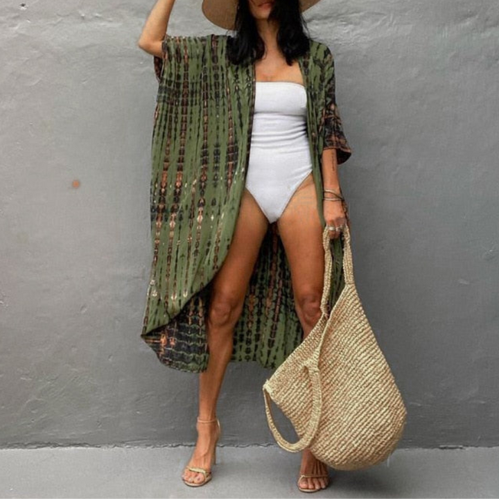 Boho Chiffon Bluzka Plażowa z Rękawami Kimono – Ziva-Zielony-Trend Polska