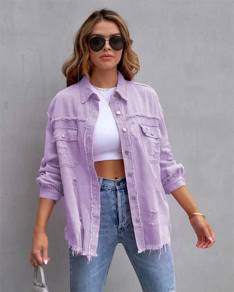 Boho damska kurtka dżinsowa z ibiza-szlifem i slim fit na wiosnę/lato – Yara-Liliowy-S-Trend Polska