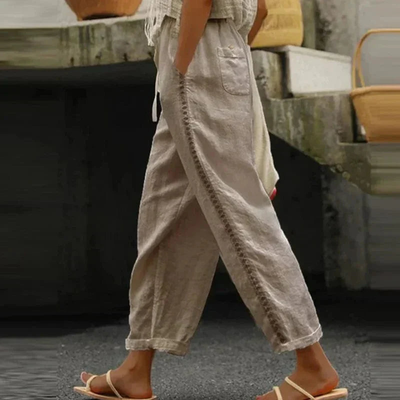 Boho Damskie Spodnie Letnie z Wzorem – Solea-Khaki-S-Trend Polska