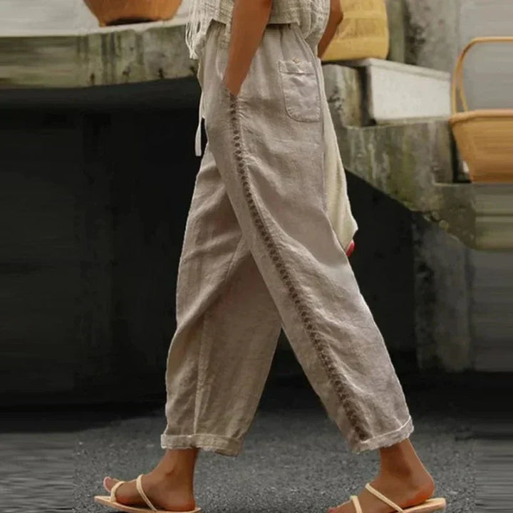 Boho Damskie Spodnie Letnie z Wzorem – Solea-Khaki-S-Trend Polska