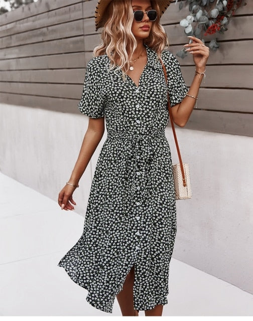 Boho Kwiatowa Sukienka Midi - Isla-Czarny-S-Trend Polska
