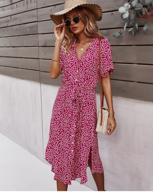 Boho Kwiatowa Sukienka Midi - Isla-Czerwony-S-Trend Polska
