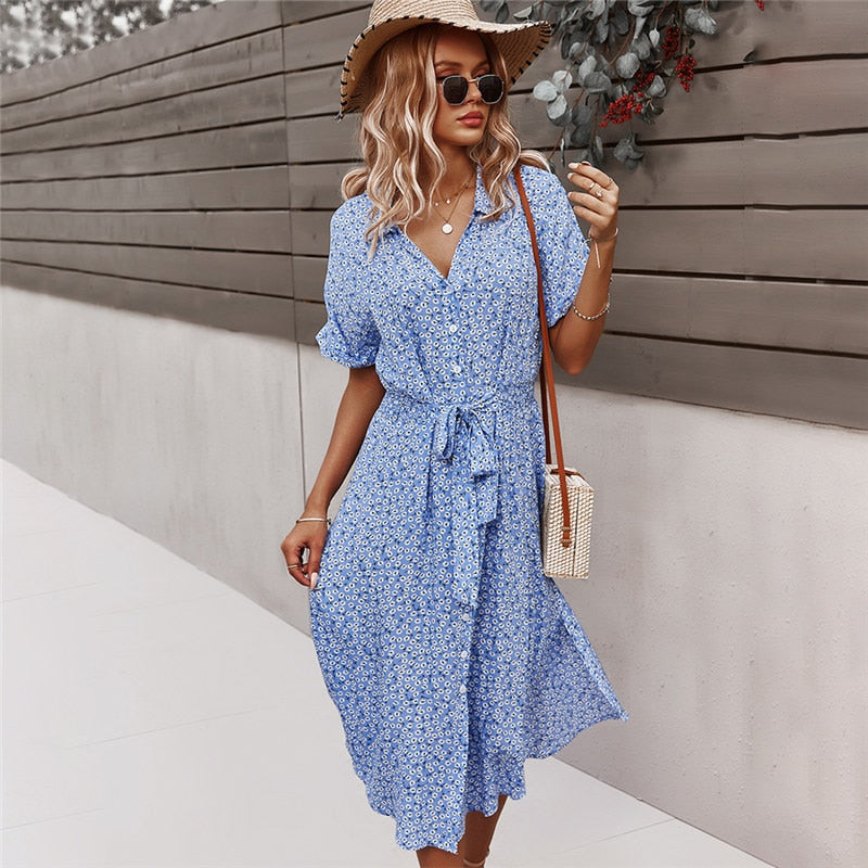 Boho Kwiatowa Sukienka Midi - Isla-Niebieski-S-Trend Polska