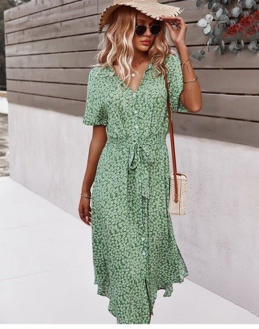 Boho Kwiatowa Sukienka Midi - Isla-Zielony-S-Trend Polska