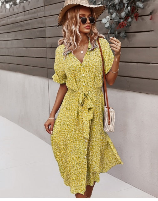 Boho Kwiatowa Sukienka Midi - Isla-Żółty-S-Trend Polska