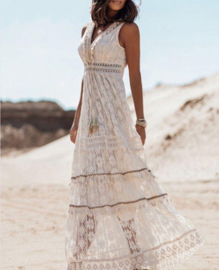 Boho Letnia Sukienka - Esmee-Beżowy-S-Trend Polska