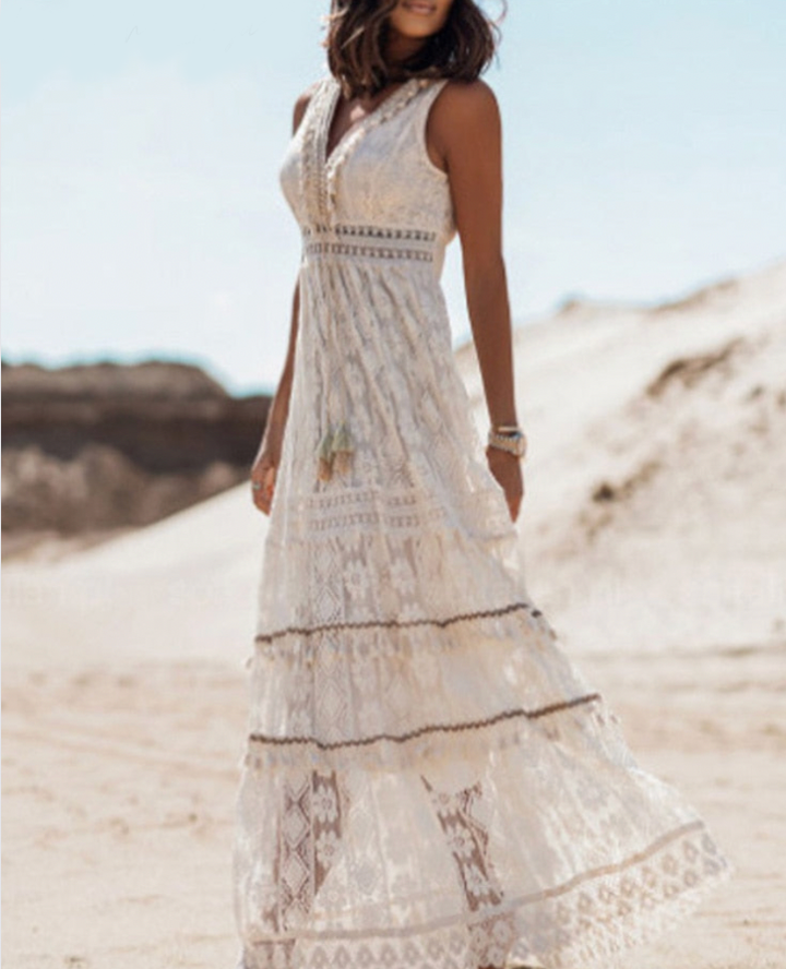 Boho Letnia Sukienka - Esmee-Beżowy-S-Trend Polska