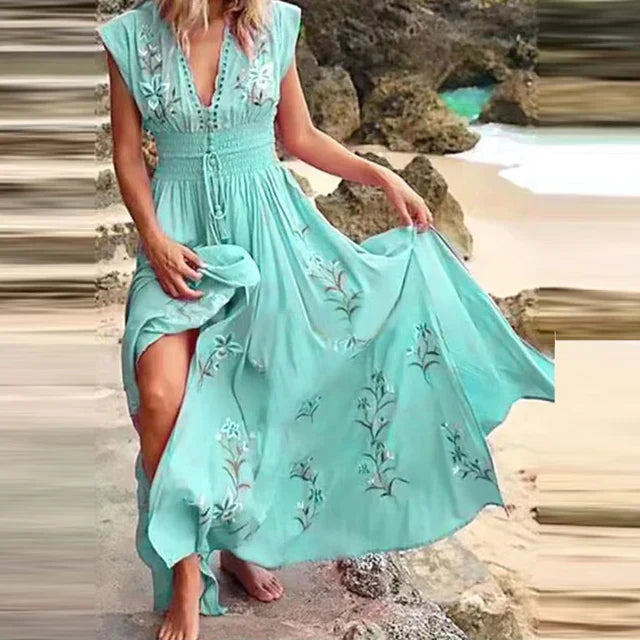 Boho letnia sukienka midi z dekoltem w kształcie V i luźnym krojem – Talia-Jasnoniebieski-S-Trend Polska