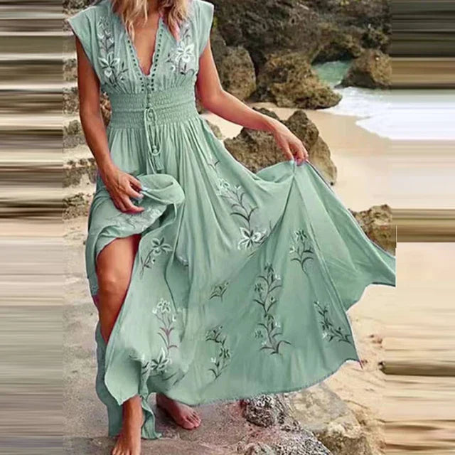 Boho letnia sukienka midi z dekoltem w kształcie V i luźnym krojem – Talia-Jasnozielony-S-Trend Polska