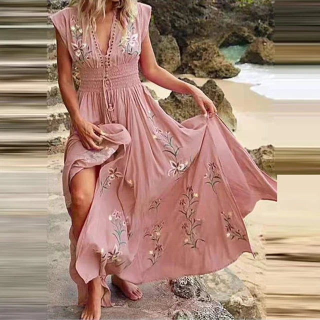 Boho letnia sukienka midi z dekoltem w kształcie V i luźnym krojem – Talia-Różowy-S-Trend Polska