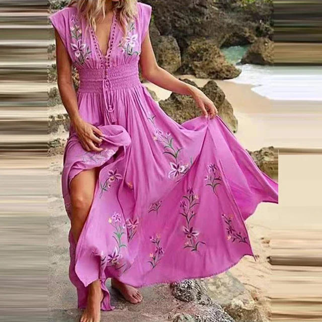 Boho letnia sukienka midi z dekoltem w kształcie V i luźnym krojem – Talia-Różowy z nadrukiem w kwiaty-S-Trend Polska