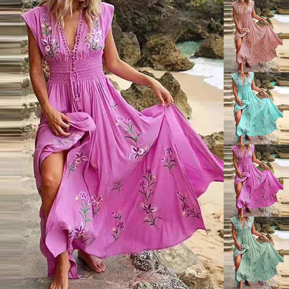 Boho letnia sukienka midi z dekoltem w kształcie V i luźnym krojem – Talia-Jasnoniebieski-S-Trend Polska