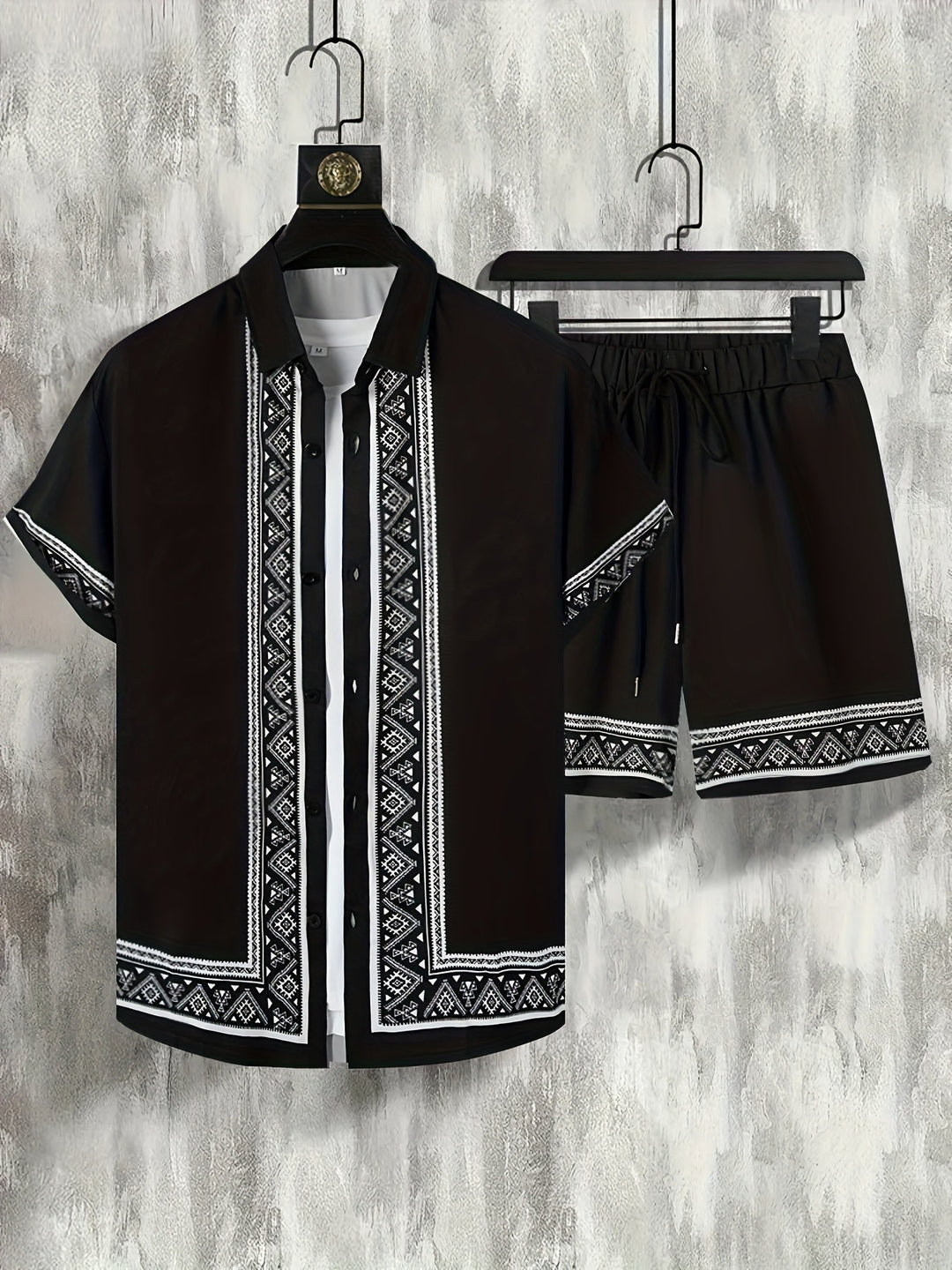 Boho letnie zestaw męski w dwóch częściach koszula i szorty luźne - Malik-Czarny-M(48)-Trend Polska