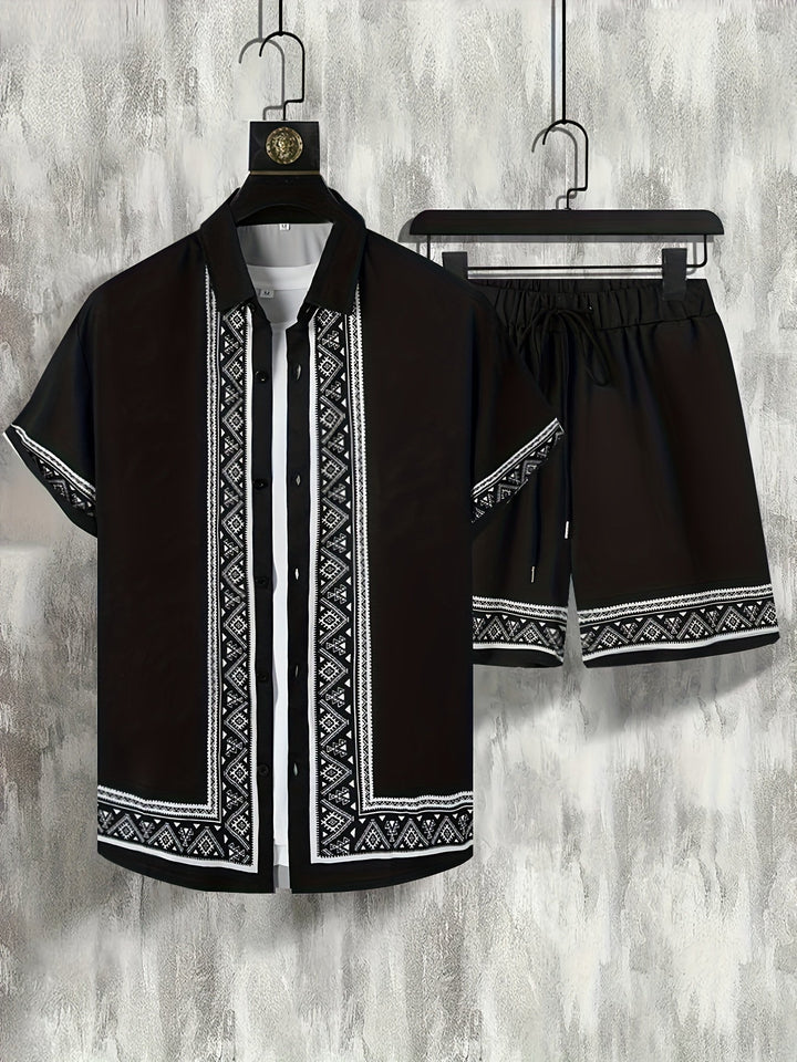 Boho letnie zestaw męski w dwóch częściach koszula i szorty luźne - Malik-Czarny-M(48)-Trend Polska