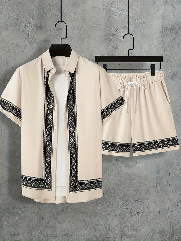Boho letnie zestaw męski w dwóch częściach koszula i szorty luźne - Malik-Khaki-M(48)-Trend Polska