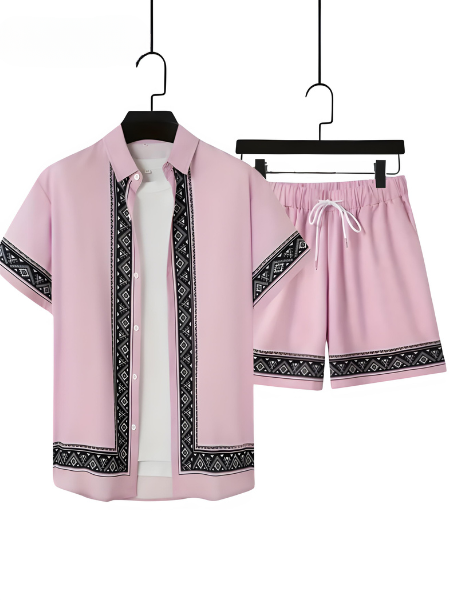 Boho letnie zestaw męski w dwóch częściach koszula i szorty luźne - Malik-Różowy-M(48)-Trend Polska