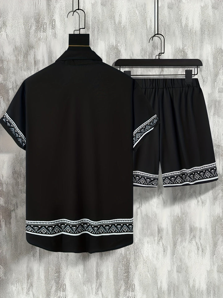 Boho letnie zestaw męski w dwóch częściach koszula i szorty luźne - Malik-Czarny-M(48)-Trend Polska