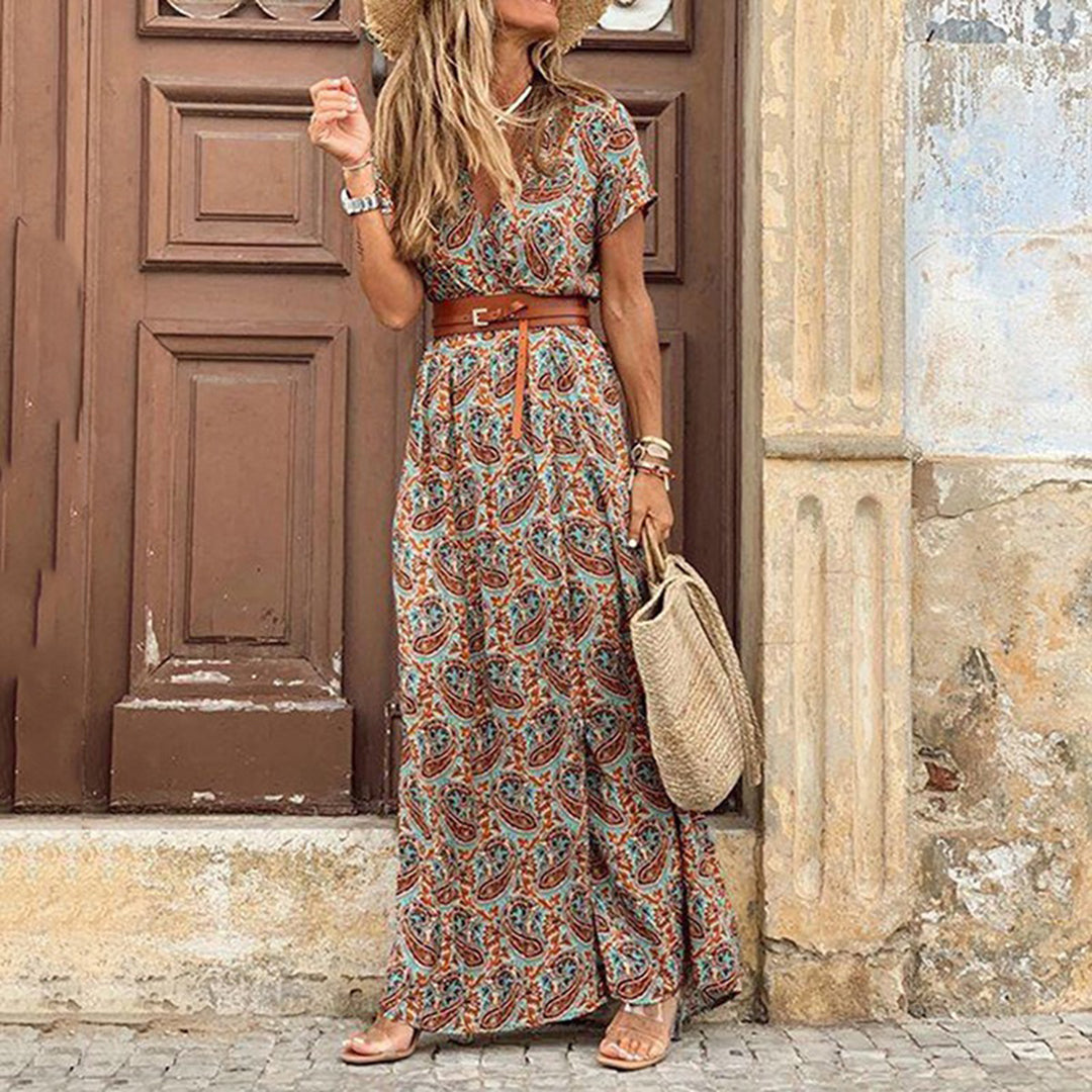 Boho-maxi dress with pattern for women – Thalia-Brązowy-S-Trend Polska