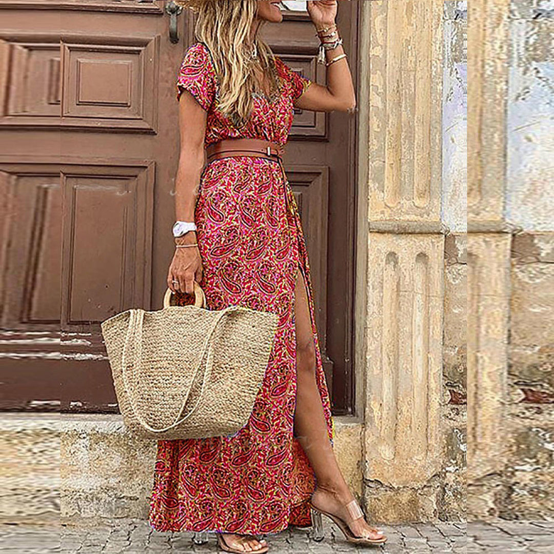 Boho-maxi dress with pattern for women – Thalia-Ciemnoczerwony-S-Trend Polska