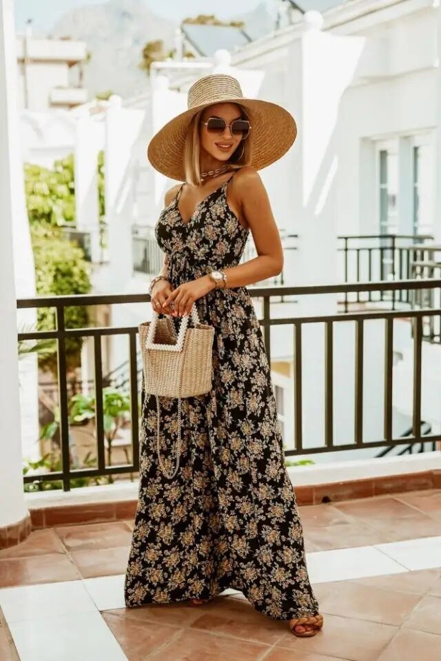 Boho maxi sukienka w kwiatowy wzór na lato – Yara-Czarny-S-Trend Polska