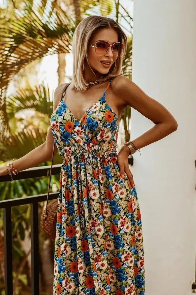 Boho maxi sukienka w kwiatowy wzór na lato – Yara-Pomarańczowo-Niebieski-S-Trend Polska