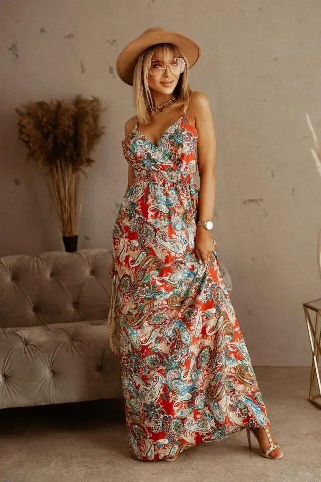 Boho maxi sukienka w kwiatowy wzór na lato – Yara-Pomarańczowy-S-Trend Polska