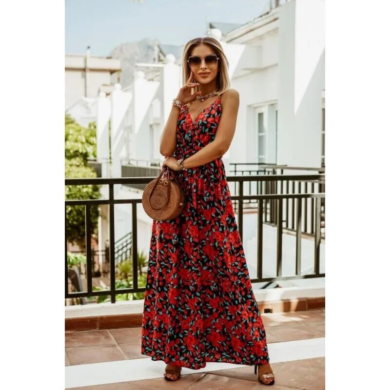 Boho maxi sukienka w kwiatowy wzór na lato – Yara-Czerwony-S-Trend Polska