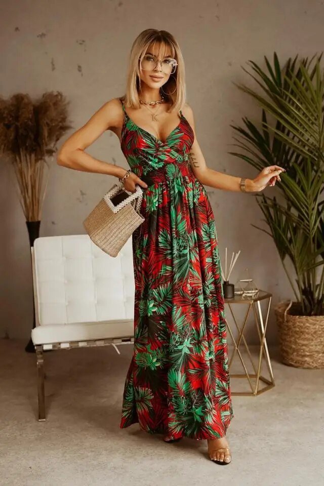 Boho maxi sukienka w kwiatowy wzór na lato – Yara-Zielono-Czerwony-S-Trend Polska