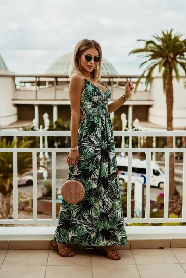 Boho maxi sukienka w kwiatowy wzór na lato – Yara-Zielony-S-Trend Polska