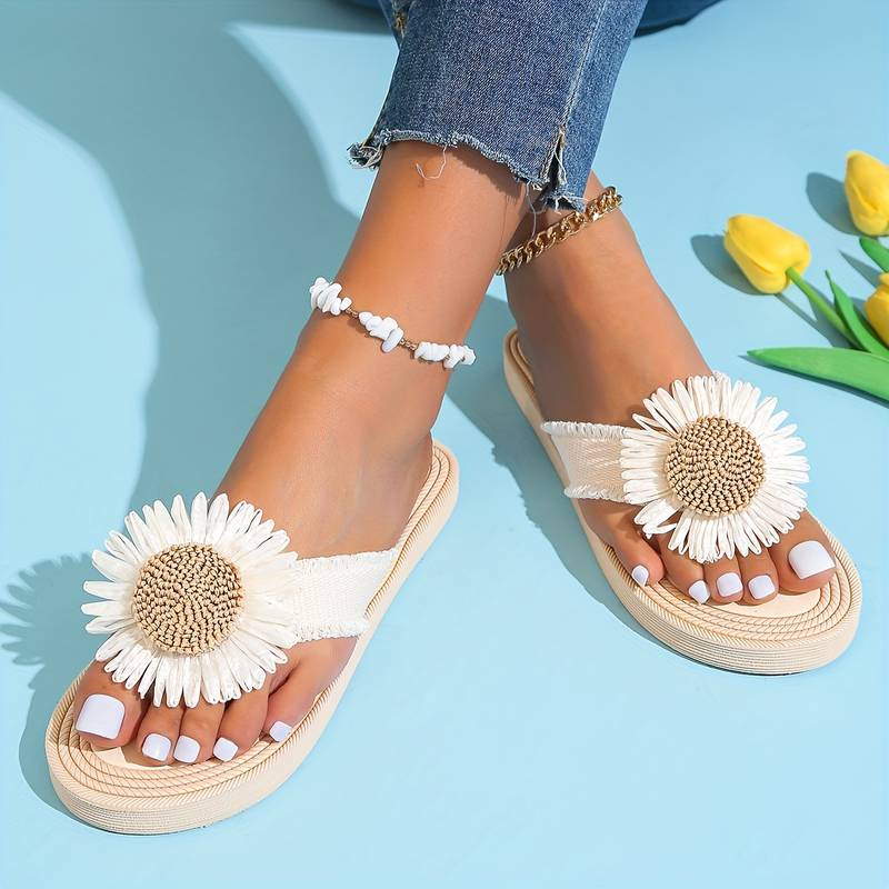 Boho Slip-On Sandali z Kwiatowym Detalem – Marivi-Beżowy-35-Trend Polska