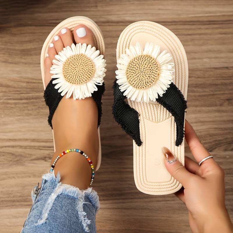 Boho Slip-On Sandali z Kwiatowym Detalem – Marivi-Czarny-35-Trend Polska