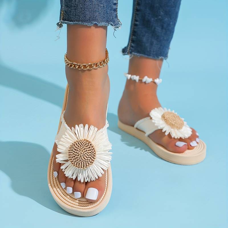 Boho Slip-On Sandali z Kwiatowym Detalem – Marivi-Czarny-35-Trend Polska