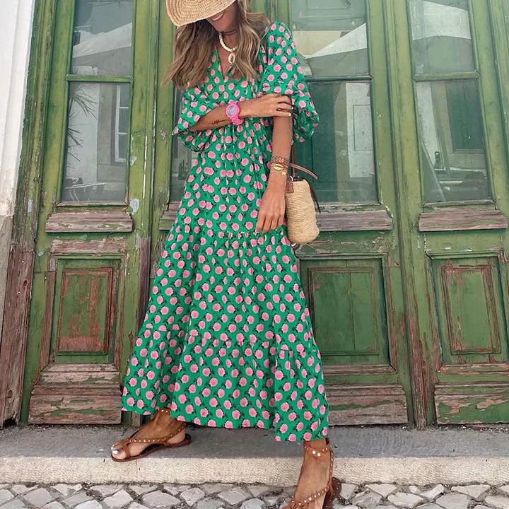 Boho sukienka letnia w stylu Ibizy o luźnym kroju - Elira-Zielony i biały-S-Trend Polska